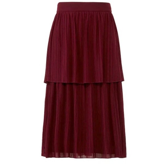 FAME & PARTNERS Maroon Red Chiffon Pleated Tiered Midi ROMAN Skirt Size 12 - Picture 3 of 7